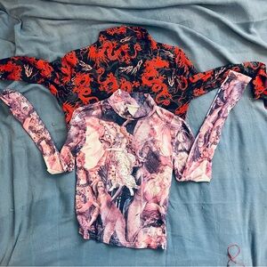 A Two-fer!  Long sleeves; bold dragon print  & artsy pastel medieval design.
